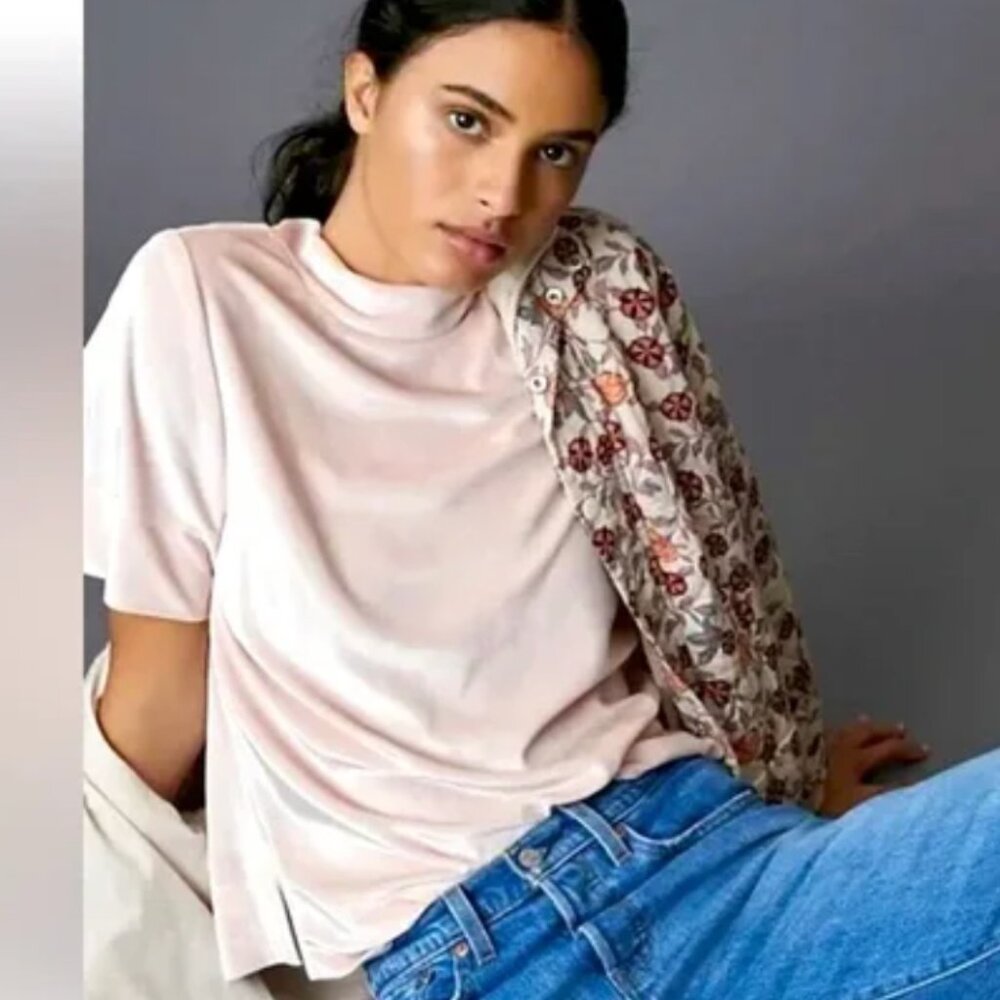 Anthropologie | Blush Pink Krisha Velvet Mock Neck Top Short Sleeve | Size XS